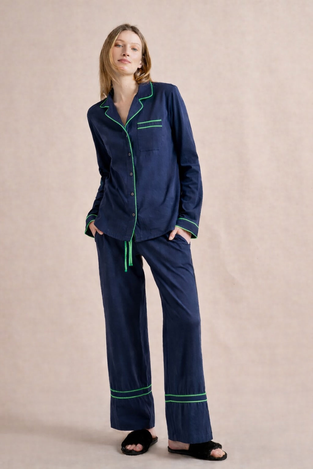 Blue Pajamas with Green Piping